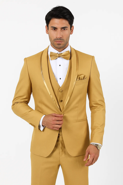 Mens Formal Champagne Tuxedo  Satin Shawl Collar Vested Suit for Prom and Weddings in Gold Color