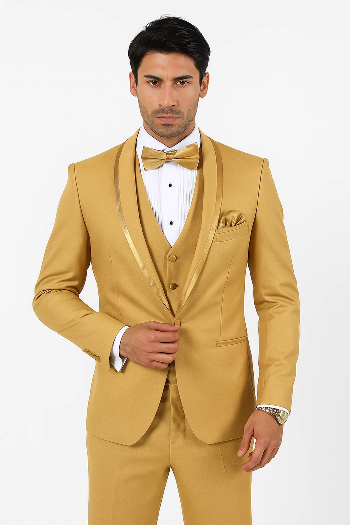 Mens Formal Champagne Tuxedo  Satin Shawl Collar Vested Suit for Prom and Weddings in Gold Color