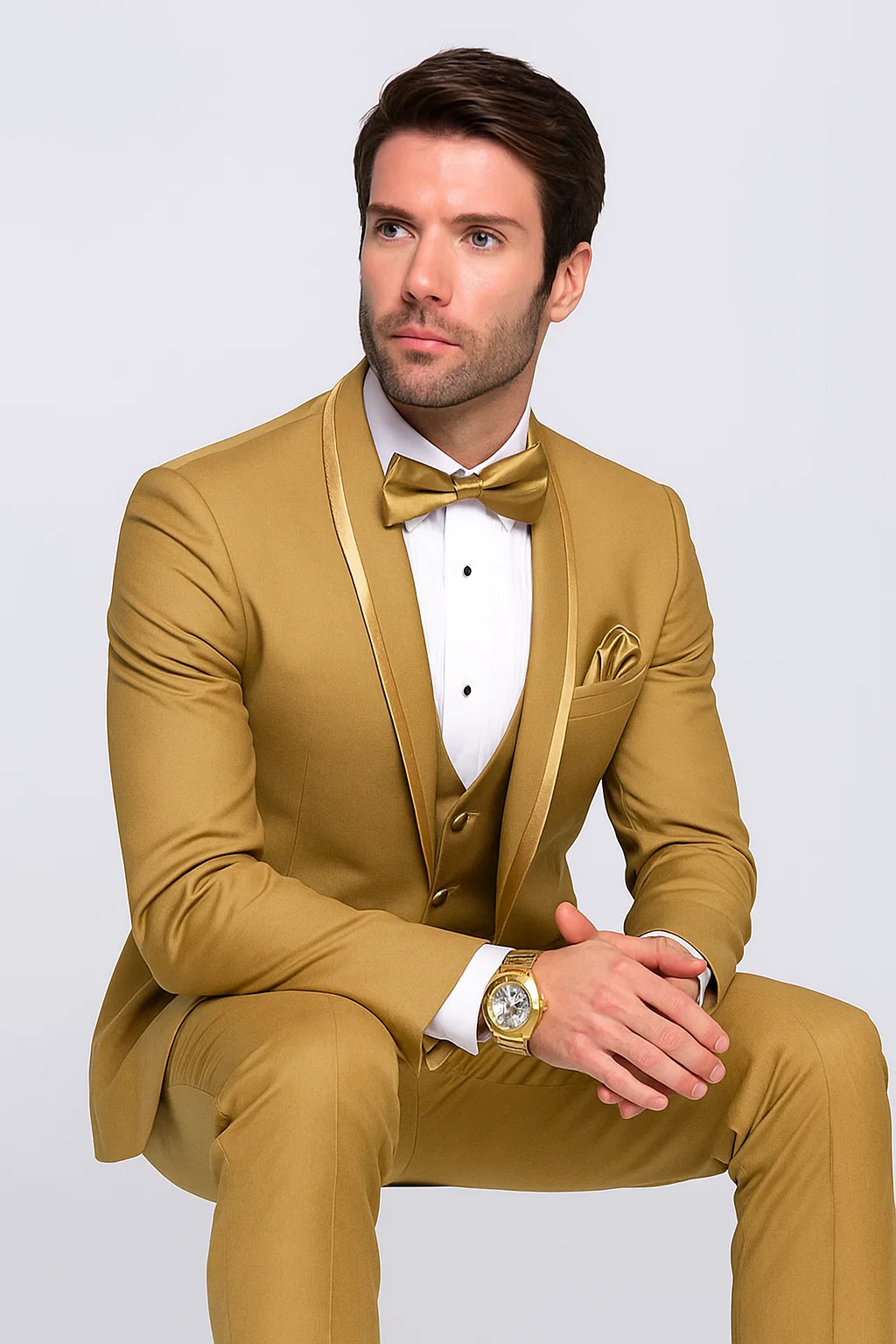 Mens Formal Champagne Tuxedo  Satin Shawl Collar Vested Suit for Prom and Weddings in Gold Color