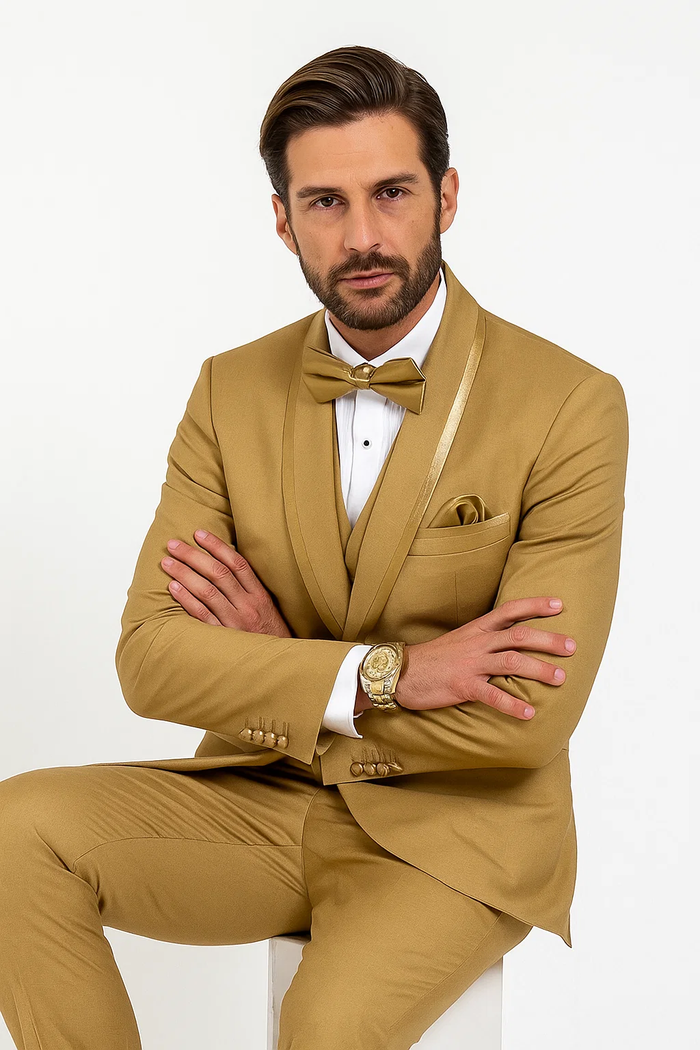 Mens Formal Champagne Tuxedo  Satin Shawl Collar Vested Suit for Prom and Weddings in Gold Color