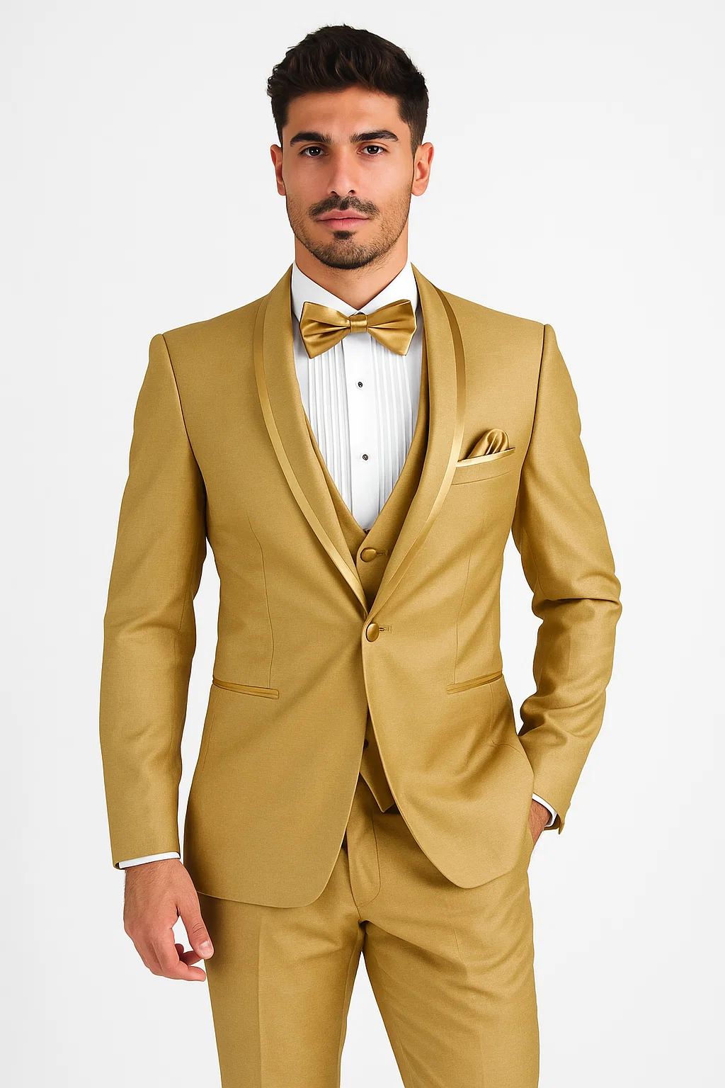 Mens Formal Champagne Tuxedo  Satin Shawl Collar Vested Suit for Prom and Weddings in Gold Color
