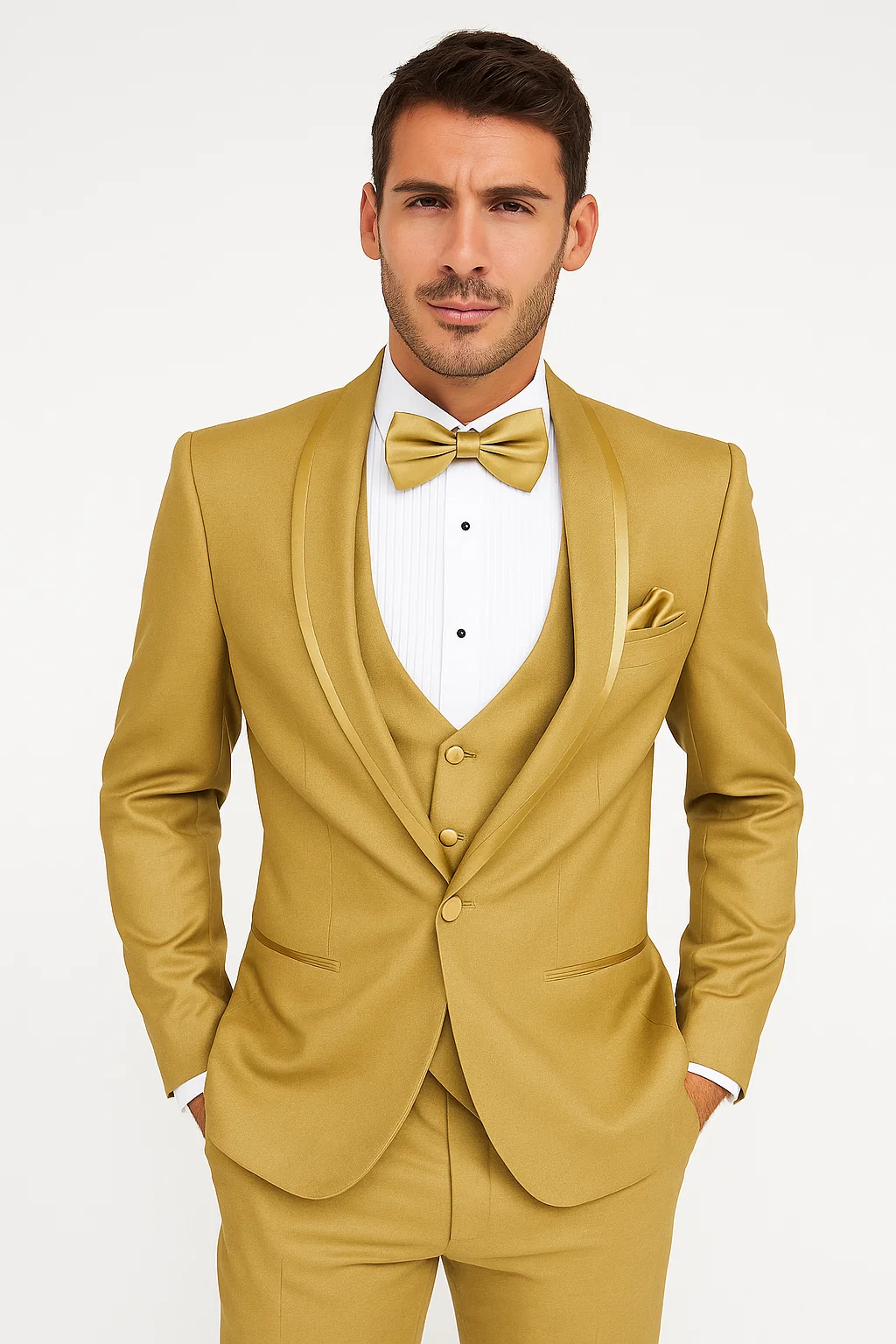Mens Formal Champagne Tuxedo  Satin Shawl Collar Vested Suit for Prom and Weddings in Gold Color