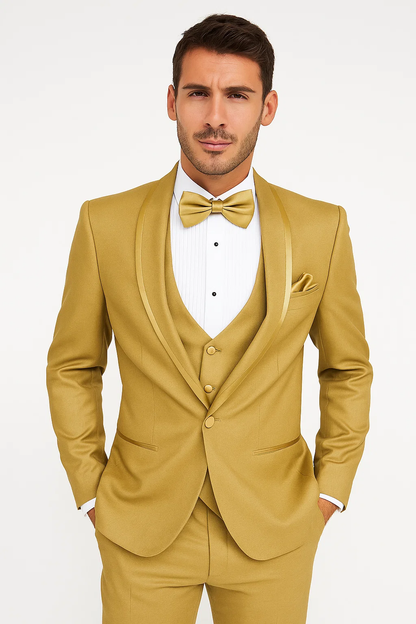 Mens Formal Champagne Tuxedo  Satin Shawl Collar Vested Suit for Prom and Weddings in Gold Color