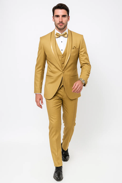 Mens Formal Champagne Tuxedo  Satin Shawl Collar Vested Suit for Prom and Weddings in Gold Color