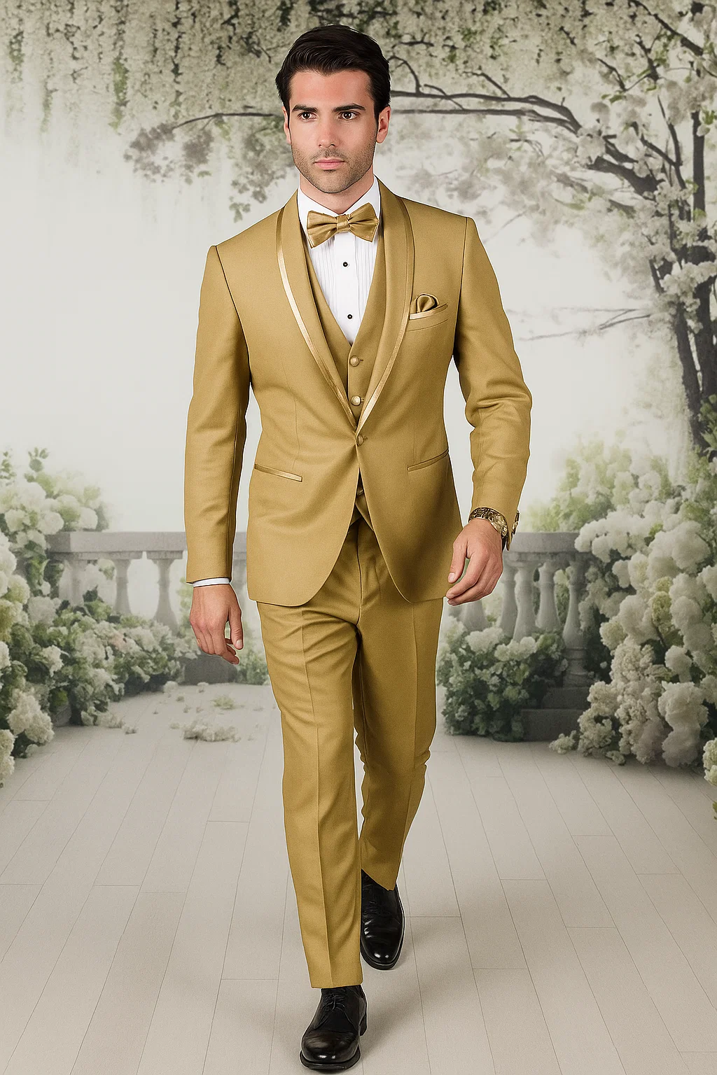 Mens Formal Champagne Tuxedo  Satin Shawl Collar Vested Suit for Prom and Weddings in Gold Color