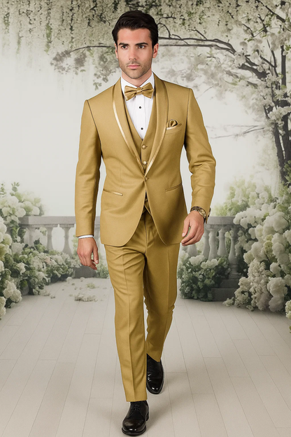 Mens Formal Champagne Tuxedo  Satin Shawl Collar Vested Suit for Prom and Weddings in Gold Color