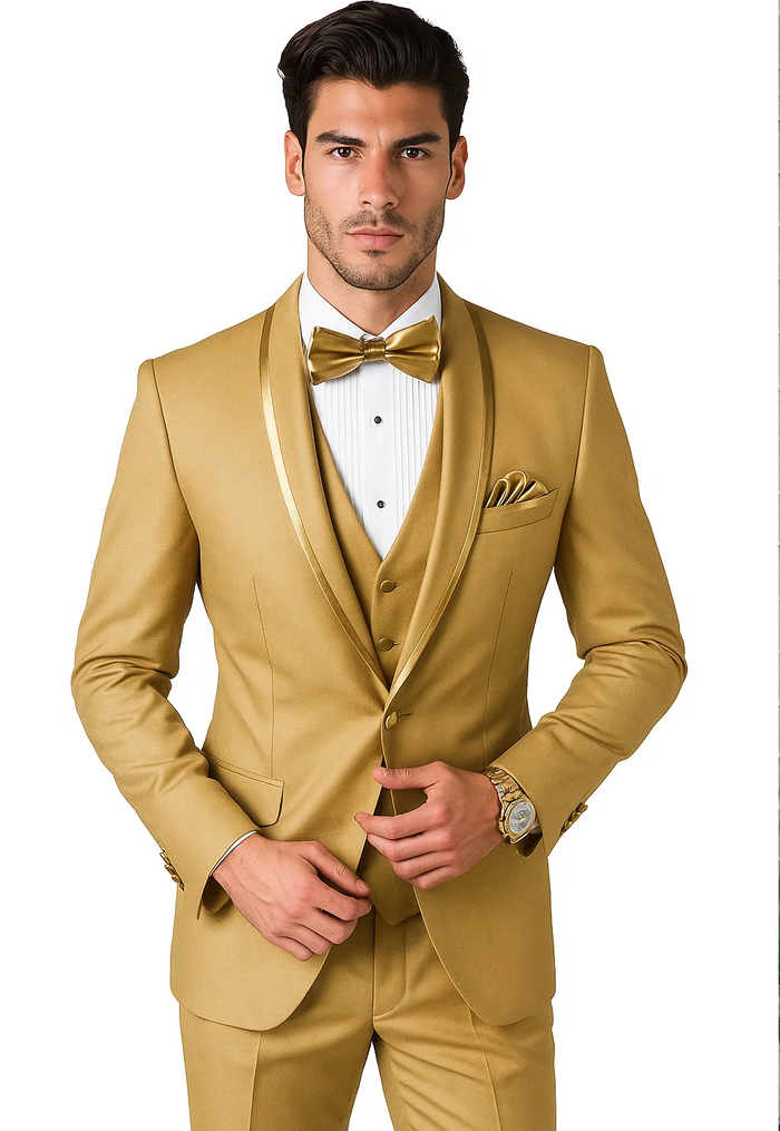 Mens Formal Champagne Tuxedo  Satin Shawl Collar Vested Suit for Prom and Weddings in Gold Color