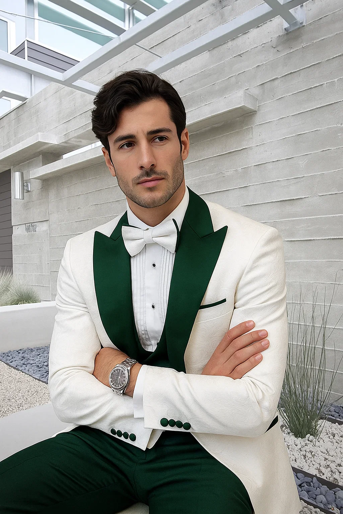 Stylish Men's Wool Tuxedo - White Paisley with Hunter Green Peak Lapel & Vest
