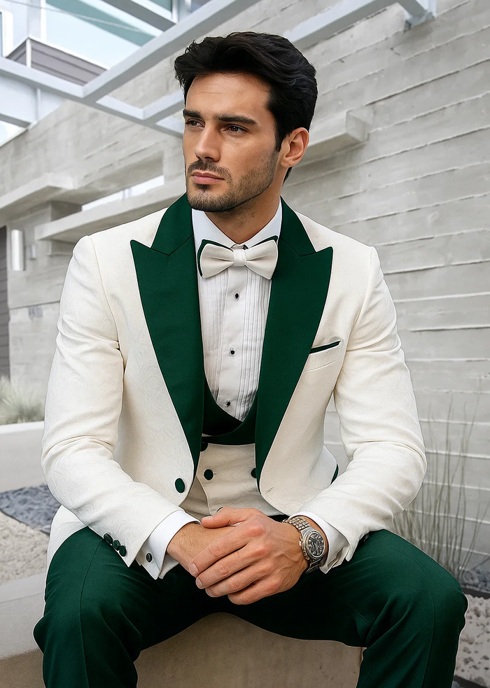 Stylish Men's Wool Tuxedo - White Paisley with Hunter Green Peak Lapel & Vest