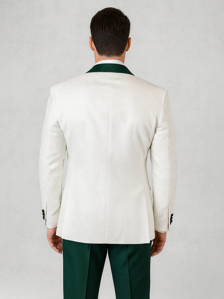 Stylish Men’s Wool Tuxedo – White Paisley with Hunter Green Peak Lapel & Vest