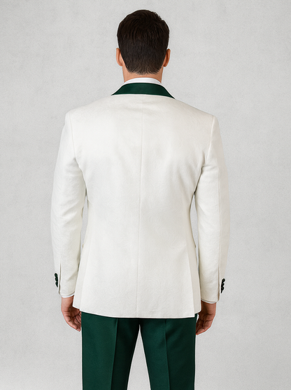Stylish Men's Wool Tuxedo - White Paisley with Hunter Green Peak Lapel & Vest