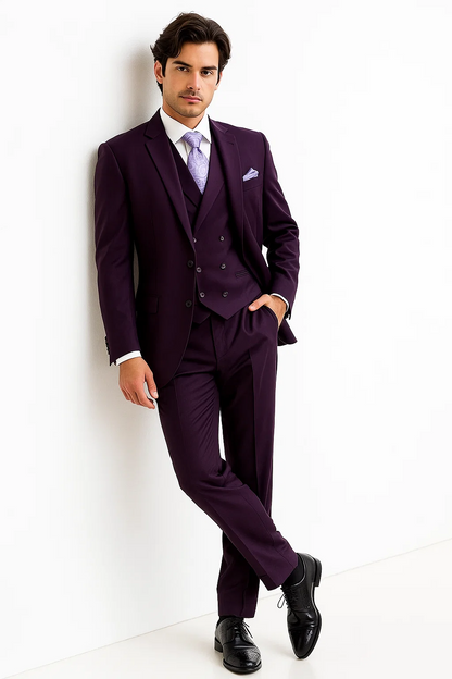 Mens Two Button Fashion Double Breasted Purple Suit