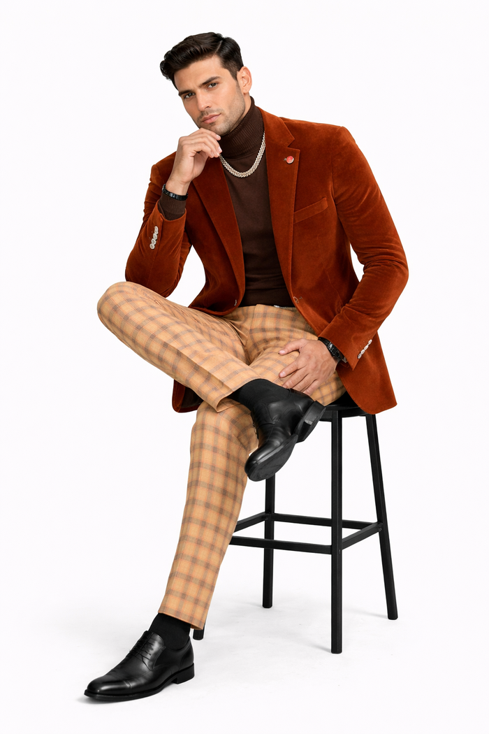 EJ Samuel | Modern Fit Velvet Blazer | Rust | 2-Button | Mens