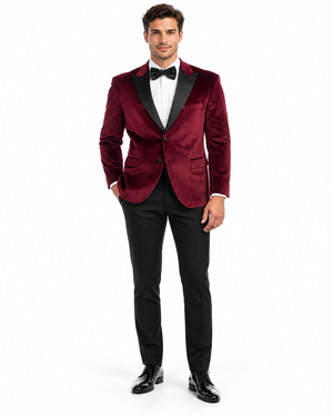 Mens Two Button Peak Lapel Velvet Wedding & Burgundy Prom Tuxedo Jacket