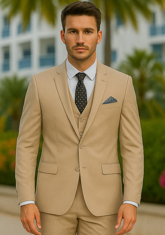 Men's Two Button Slim Fit Vested Solid Basic Color Suit in Medium Tan