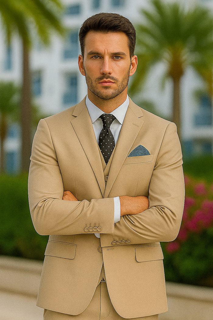 Men's Two Button Slim Fit Vested Solid Basic Color Suit in Medium Tan