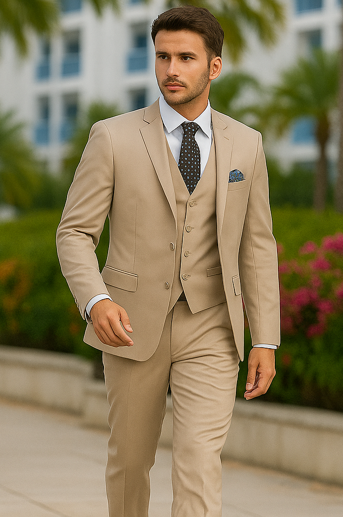 Men's Two Button Slim Fit Vested Solid Basic Color Suit in Medium Tan