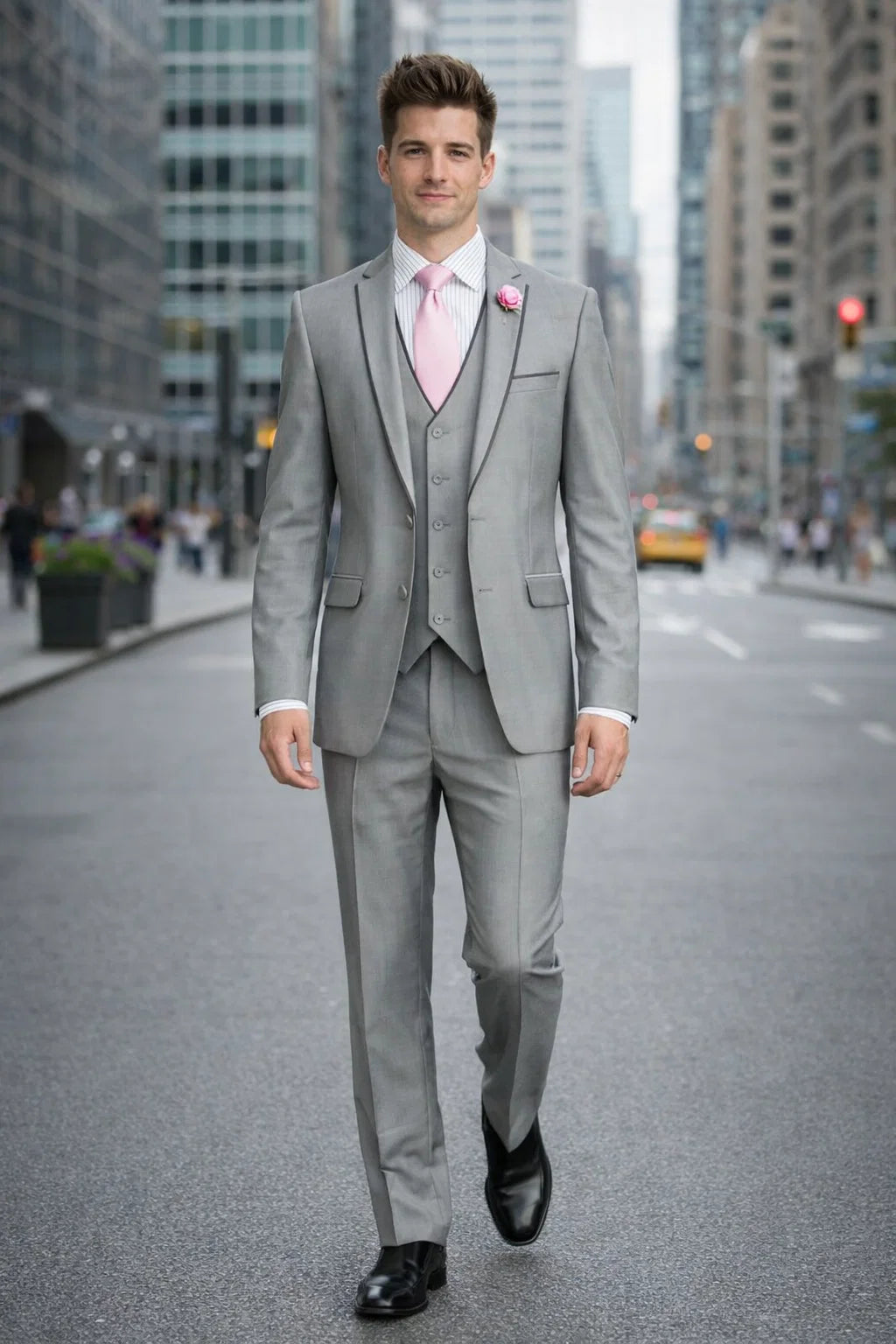 Mens Ultra Slim Fit Sharkskin Tuxedo with Satin Trim in Grey - Mens Slim Fitted Tuxedo