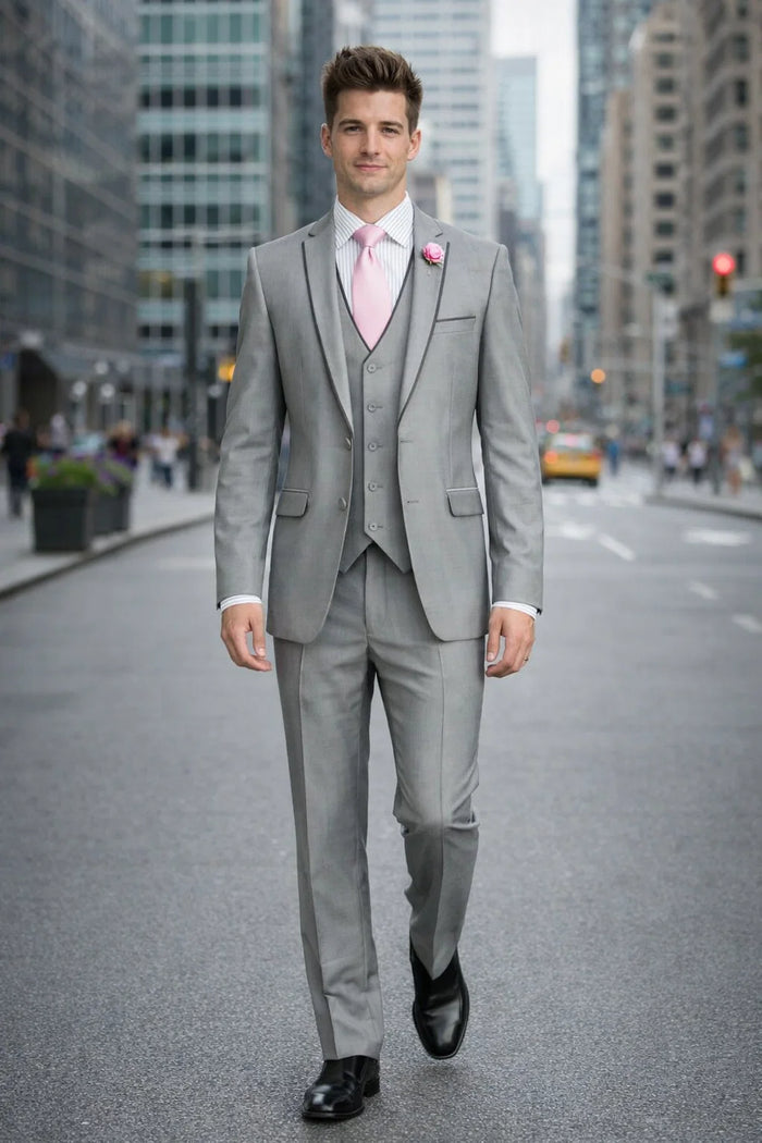 Mens Ultra Slim Fit Sharkskin Tuxedo with Satin Trim in Grey - Mens Slim Fitted Tuxedo