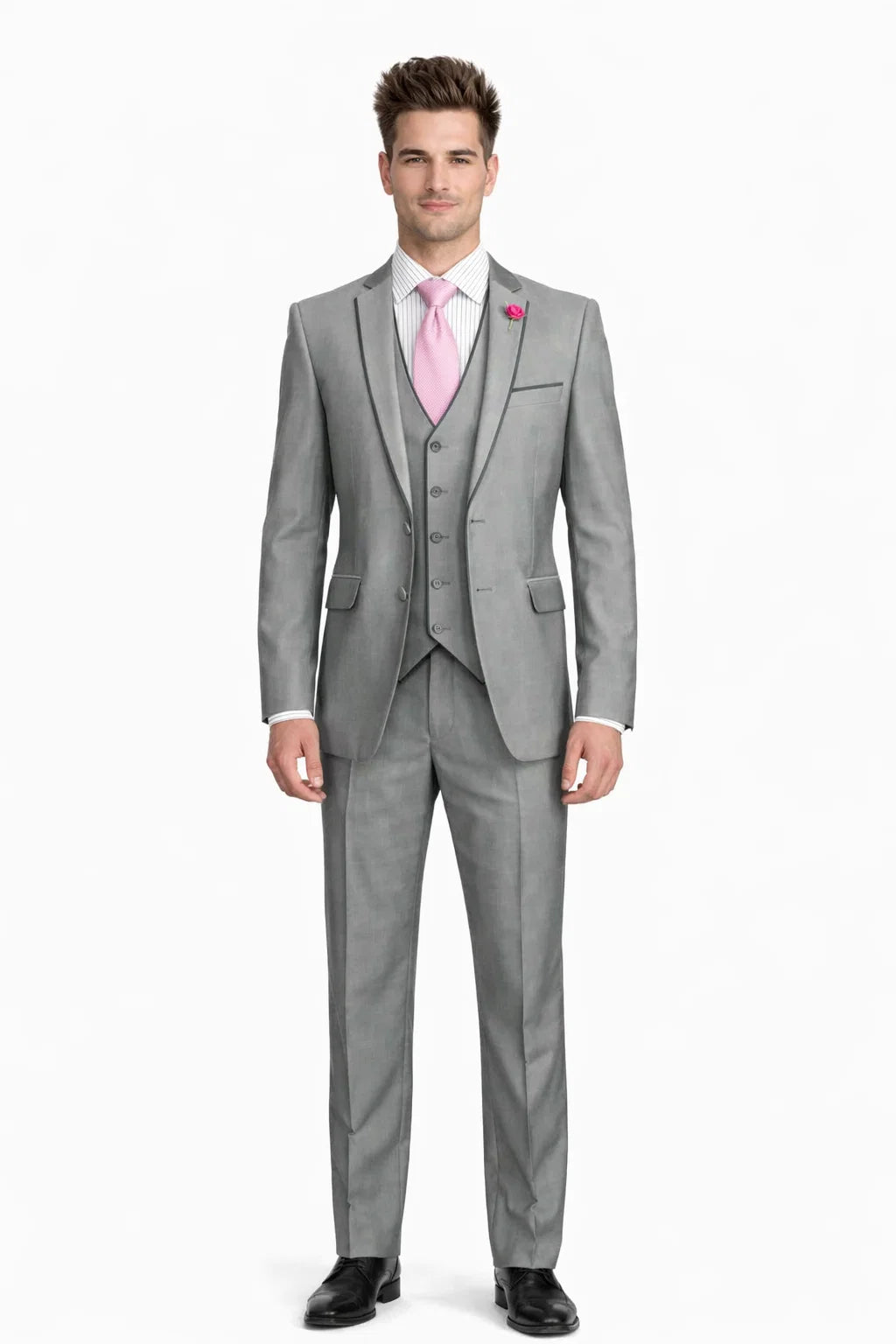 Mens Ultra Slim Fit Sharkskin Tuxedo with Satin Trim in Grey - Mens Slim Fitted Tuxedo
