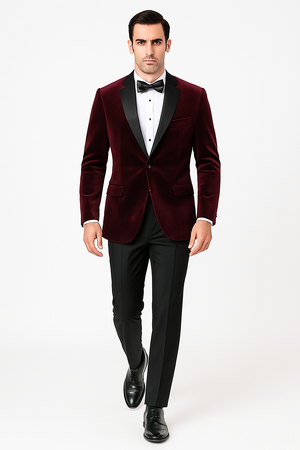 Mens Velvet Notch Prom Tuxedo in Burgundy