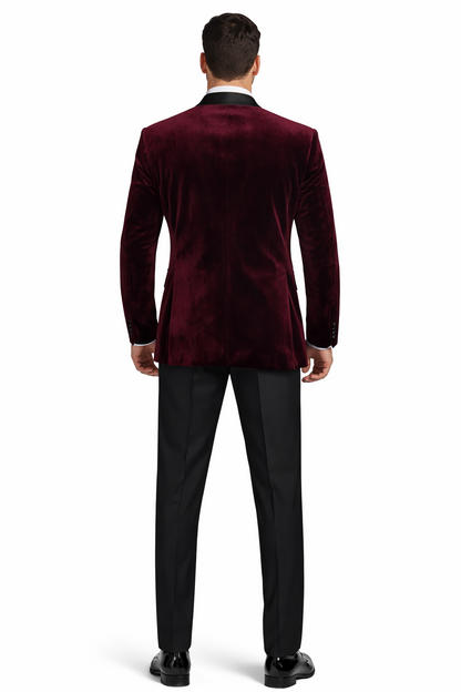 Mens Velvet Notch Prom Tuxedo in Burgundy