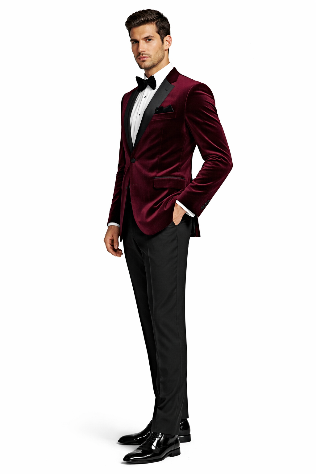 Mens Velvet Notch Prom Tuxedo in Burgundy