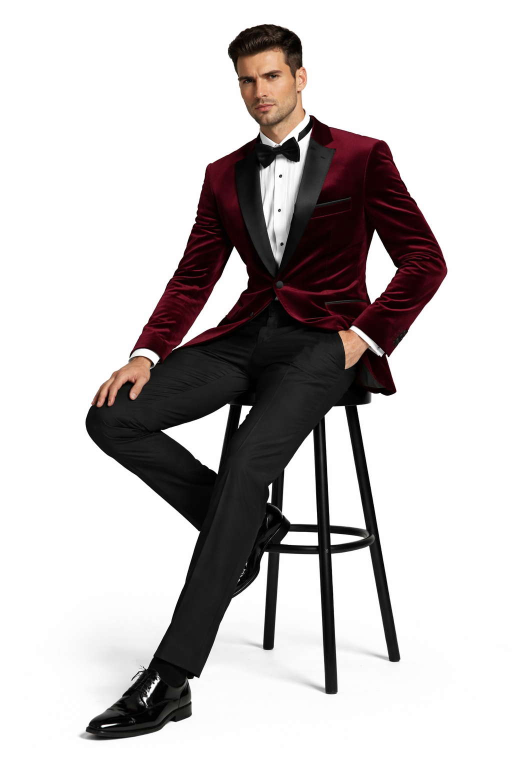 Mens Velvet Notch Prom Tuxedo in Burgundy