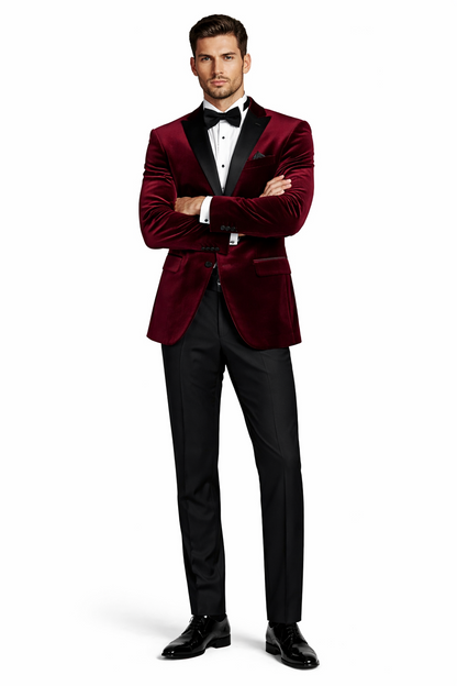 Mens Velvet Notch Prom Tuxedo in Burgundy