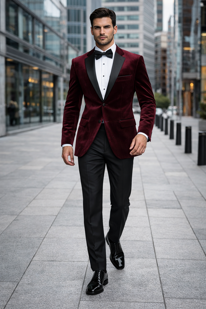 Mens Velvet Notch Prom Tuxedo in Burgundy