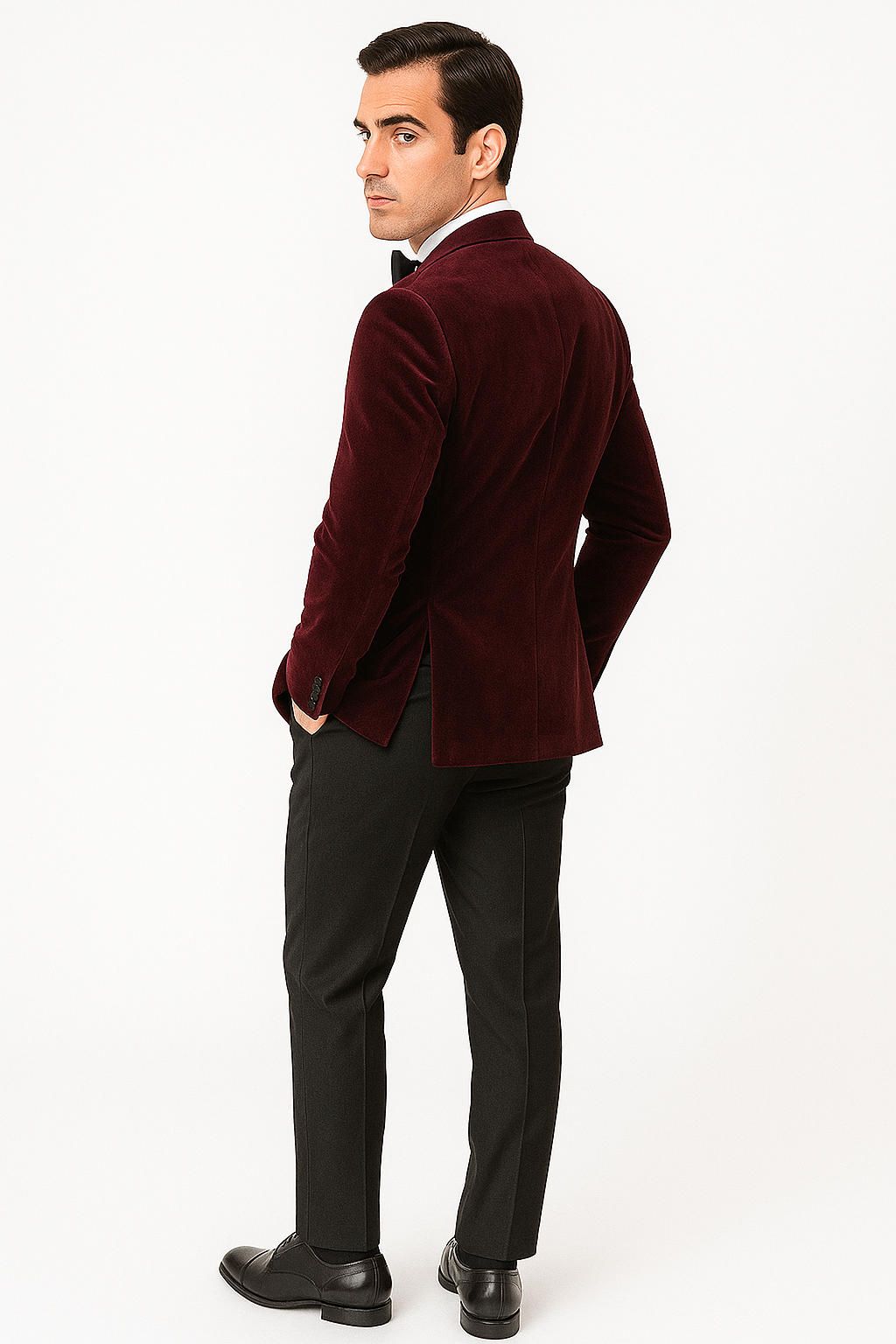 Mens Velvet Notch Prom Tuxedo in Burgundy