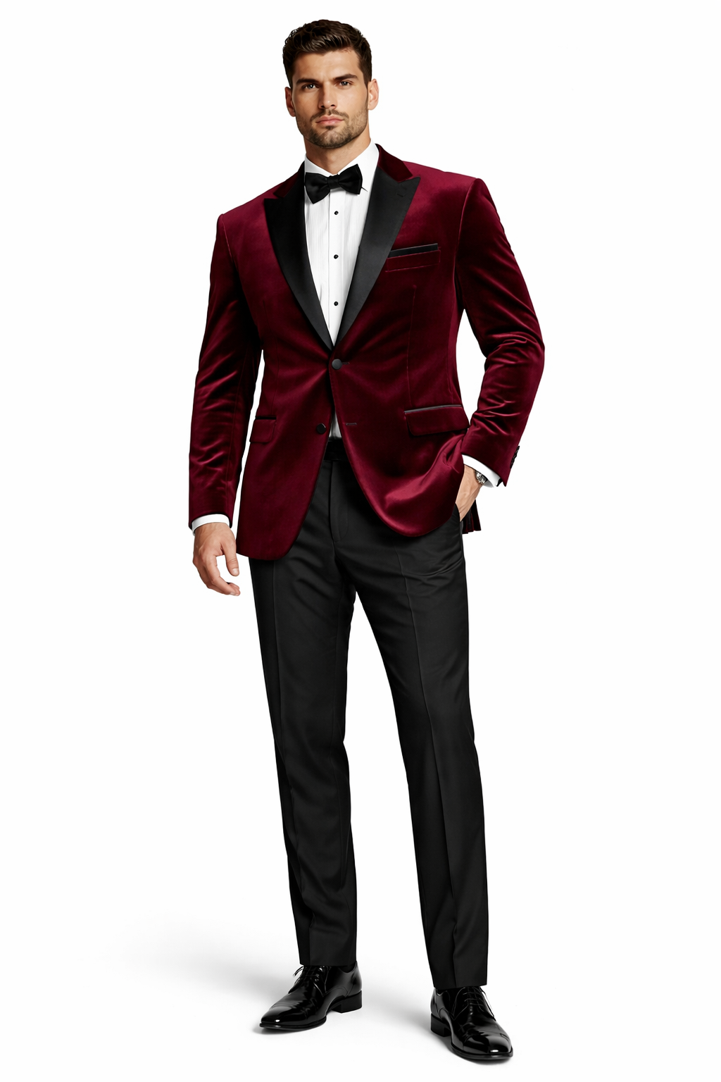 Mens Velvet Notch Prom Tuxedo in Burgundy