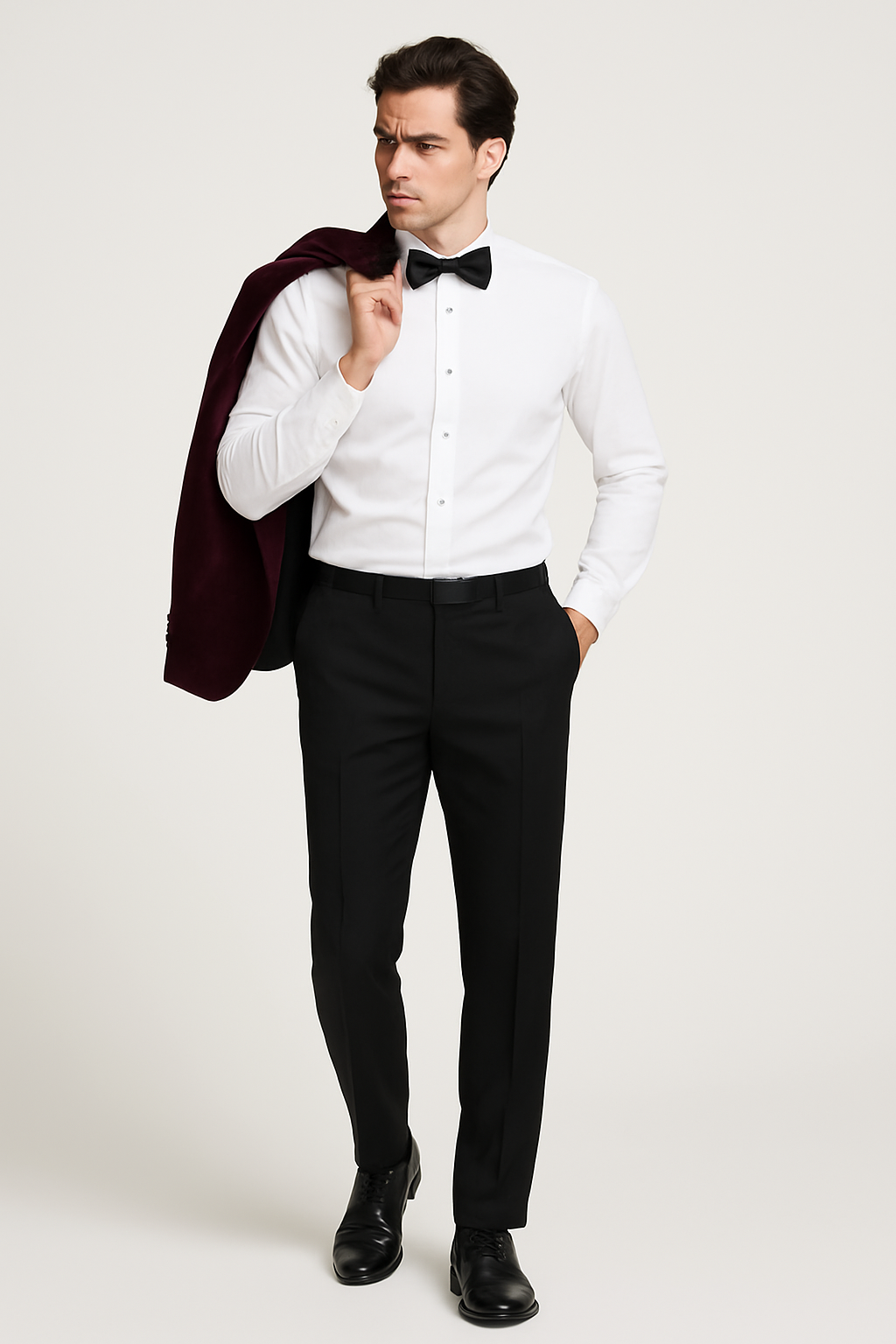 Mens Velvet Notch Prom Tuxedo in Burgundy