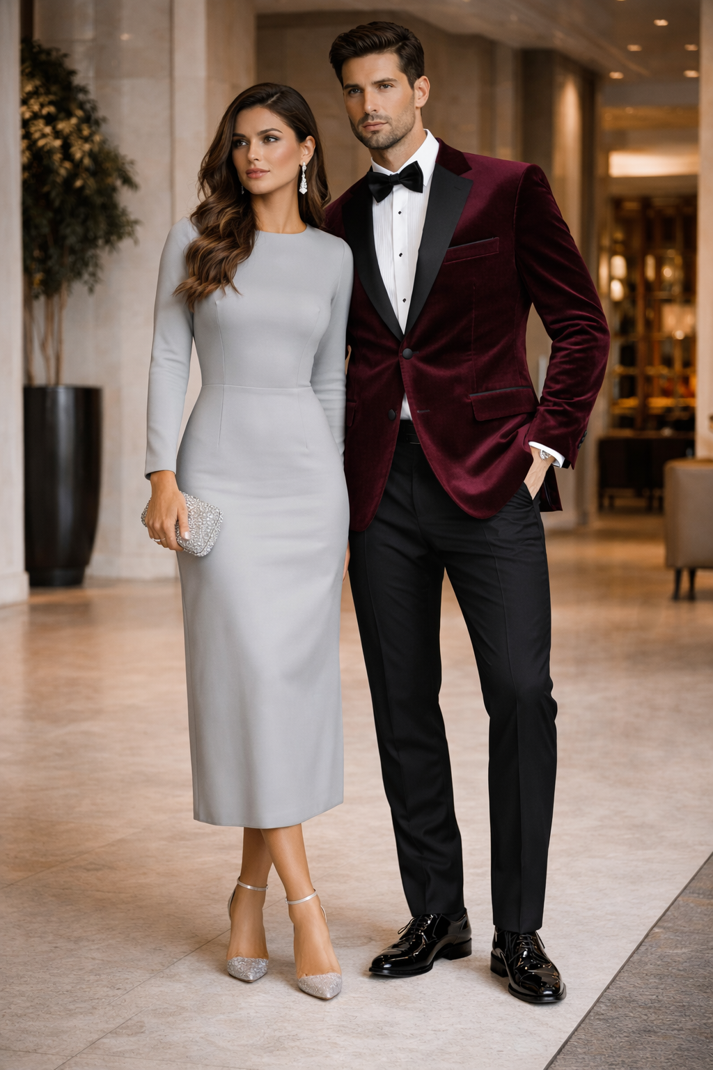 Mens Velvet Notch Prom Tuxedo in Burgundy