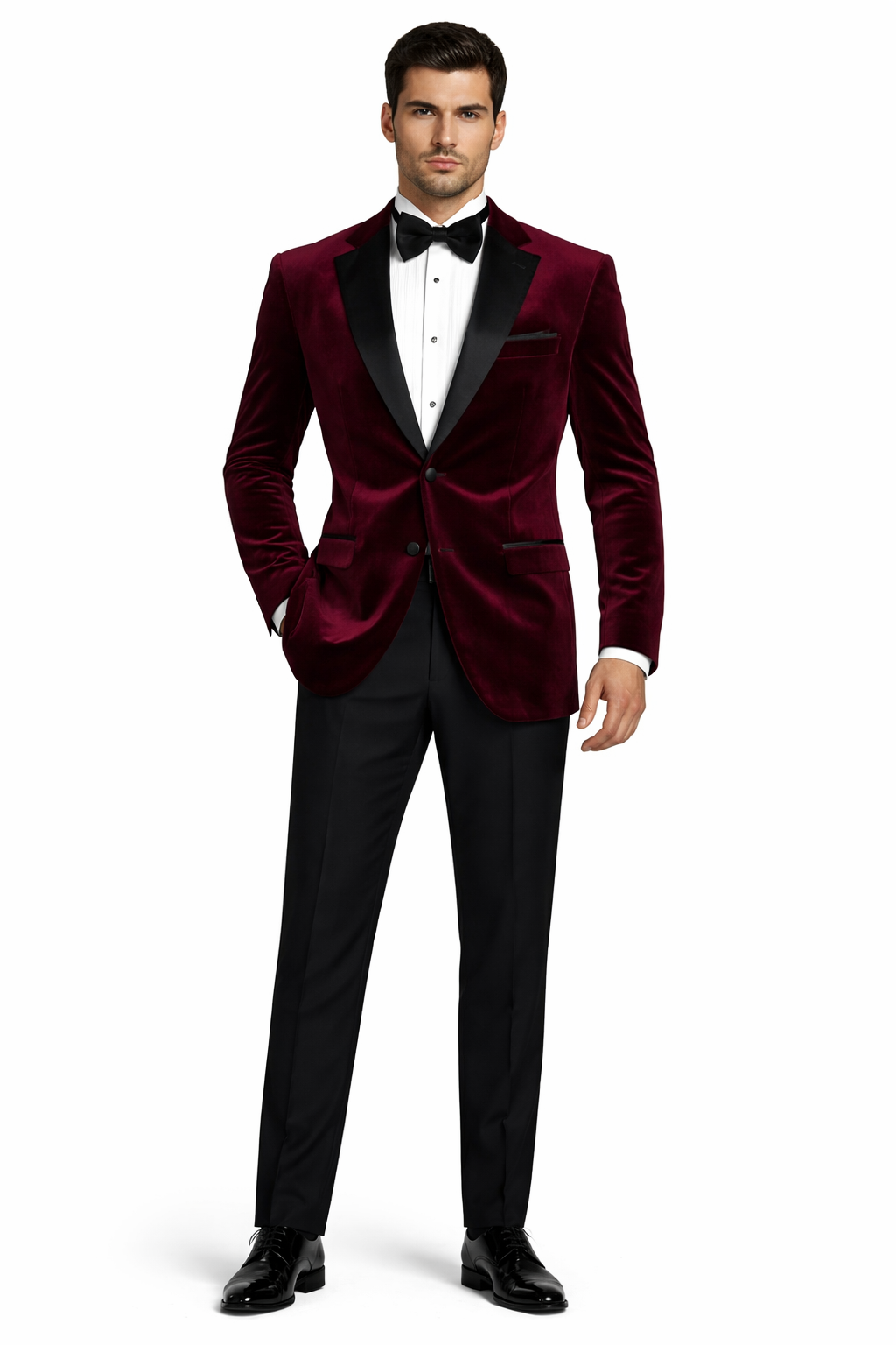 Mens Velvet Notch Prom Tuxedo in Burgundy