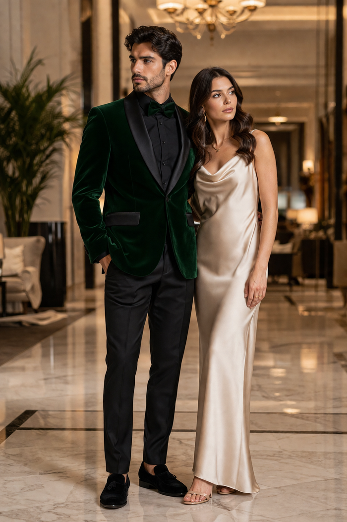 Mens Velvet Shawl Tuxedo Dinner Jacket in Hunter Green