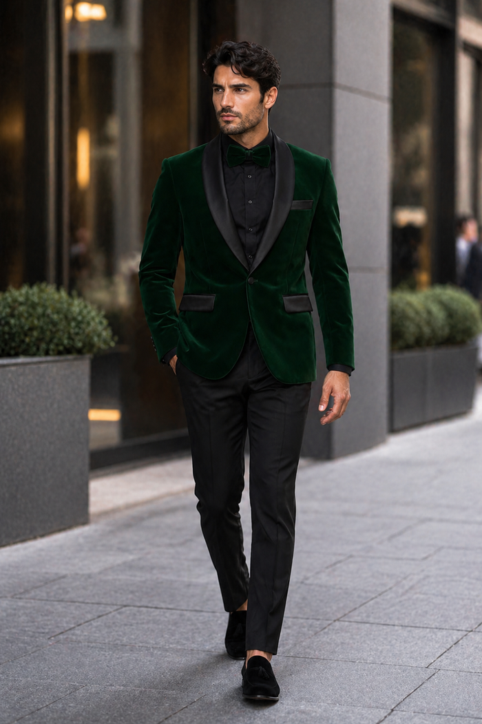 Mens Velvet Shawl Tuxedo Dinner Jacket in Hunter Green