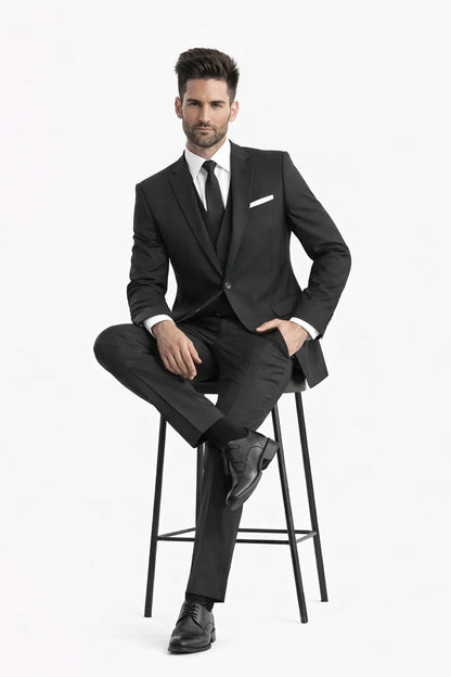 Mens Vested 2 Button Slim Fit Wool Black - Mens Slim Fitted