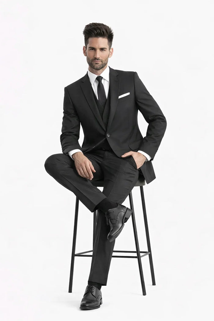Mens Vested 2 Button Slim Fit Wool Black - Mens Slim Fitted