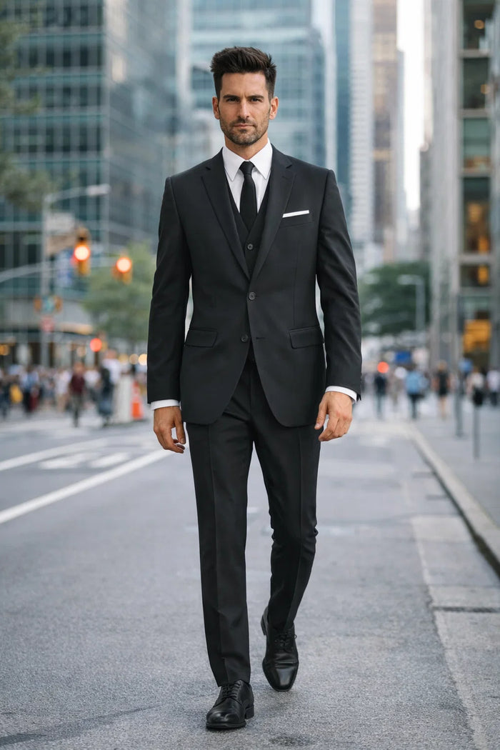Mens Vested 2 Button Slim Fit Wool Black - Mens Slim Fitted