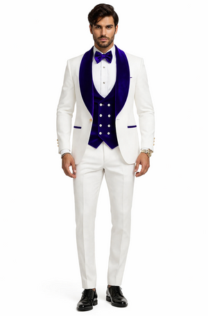 Mens Vested Designer Wide Royal Blue Velvet Shawl Tuxedo in Ivory Paisley