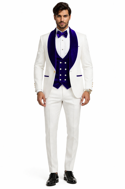 Mens Vested Designer Wide Royal Blue Velvet Shawl Tuxedo in Ivory Paisley