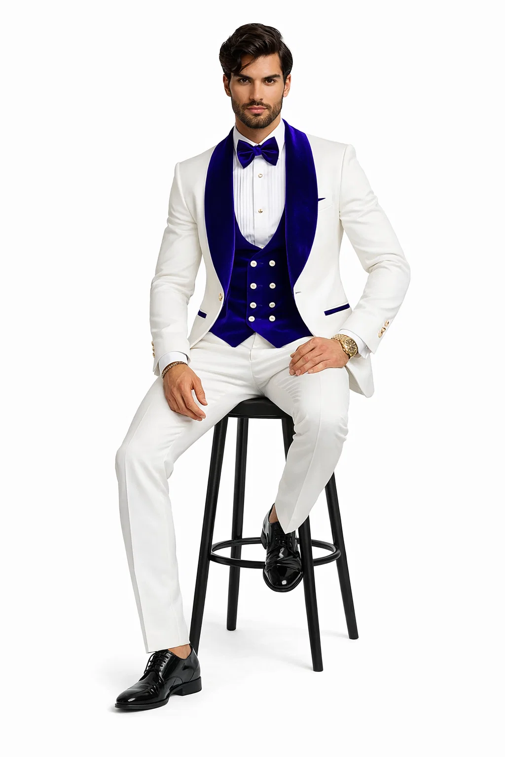 Mens Vested Designer Wide Royal Blue Velvet Shawl Tuxedo in Ivory Paisley