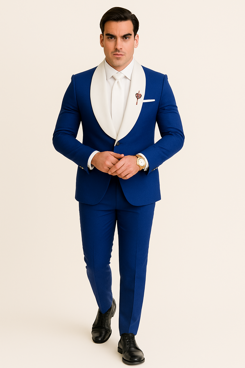 Mens Vested Designer Wide Royal Blue Velvet Shawl Tuxedo in Ivory Paisley