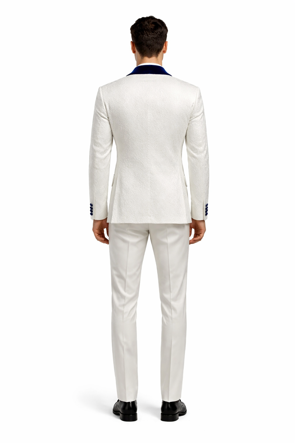 Mens Vested Designer Wide Royal Blue Velvet Shawl Tuxedo in Ivory Paisley