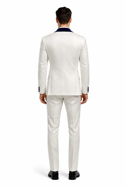 Mens Vested Designer Wide Royal Blue Velvet Shawl Tuxedo in Ivory Paisley