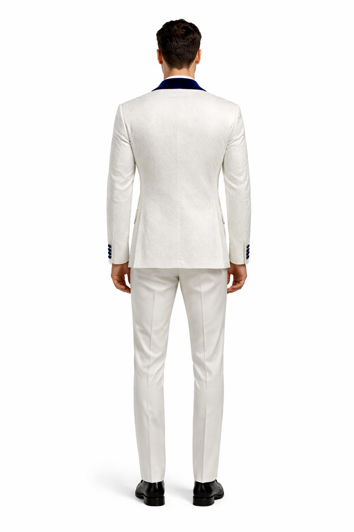 Mens Vested Designer Wide Royal Blue Velvet Shawl Tuxedo in Ivory Paisley