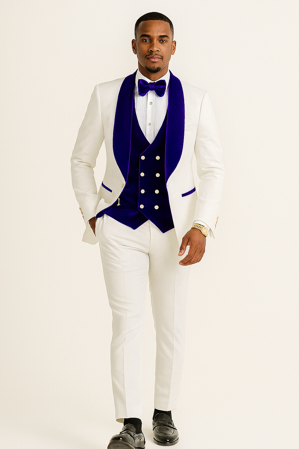 Mens Vested Designer Wide Royal Blue Velvet Shawl Tuxedo in Ivory Paisley