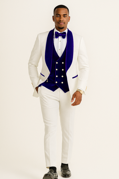 Mens Vested Designer Wide Royal Blue Velvet Shawl Tuxedo in Ivory Paisley