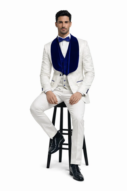 Mens Vested Designer Wide Royal Blue Velvet Shawl Tuxedo in Ivory Paisley